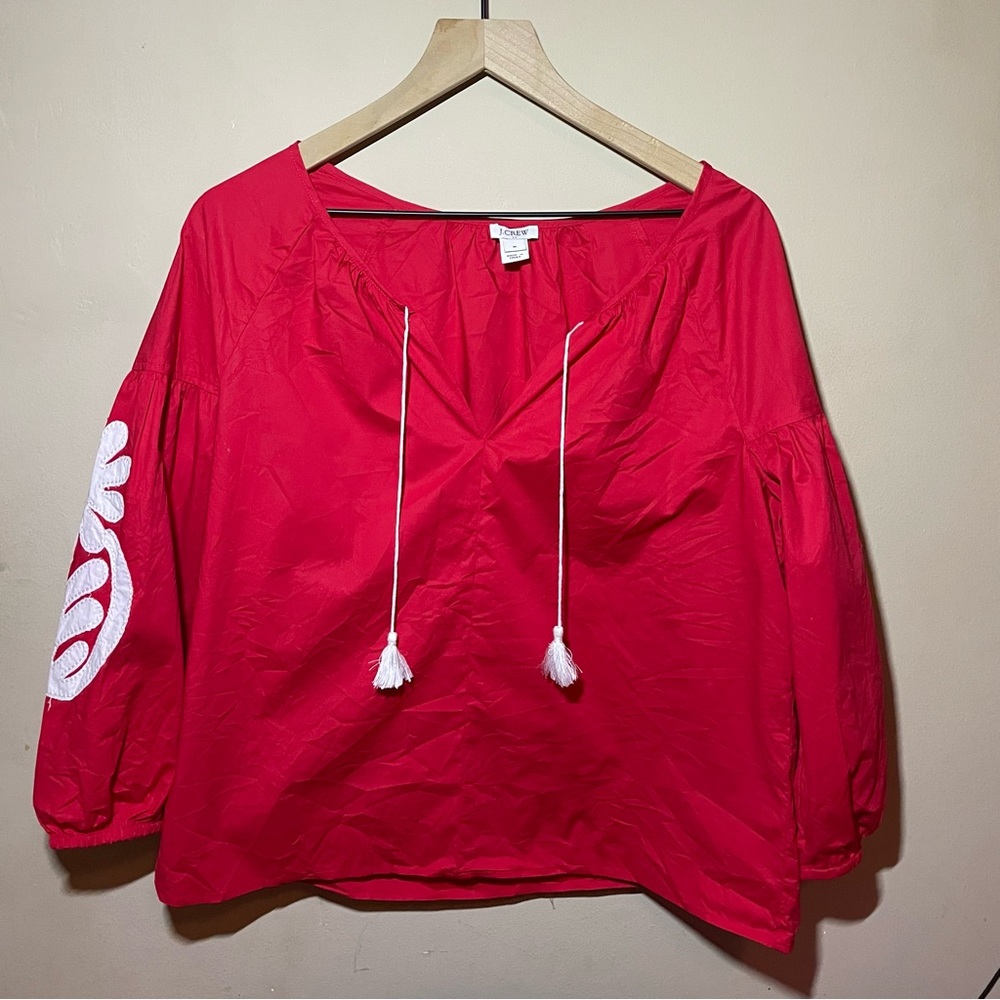 J. Crew Red Peasant Blouse with White Tassel Ties